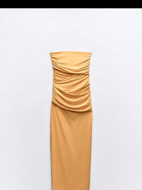 Zara Strapless Ruched Column Dress in Mustard Yellow